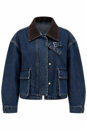 Lacivert Yakası Kemerli Crop Denim Ceket - 1114