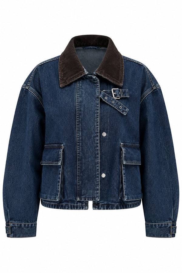 Lacivert Yakası Kemerli Crop Denim Ceket - 1114