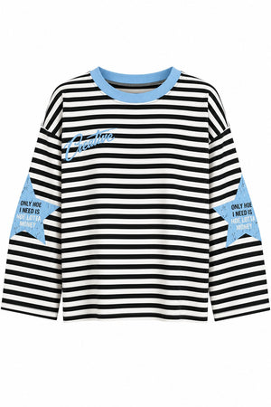 Mavi Yaka Creative Baskılı Çizgili Tshirt - 1127