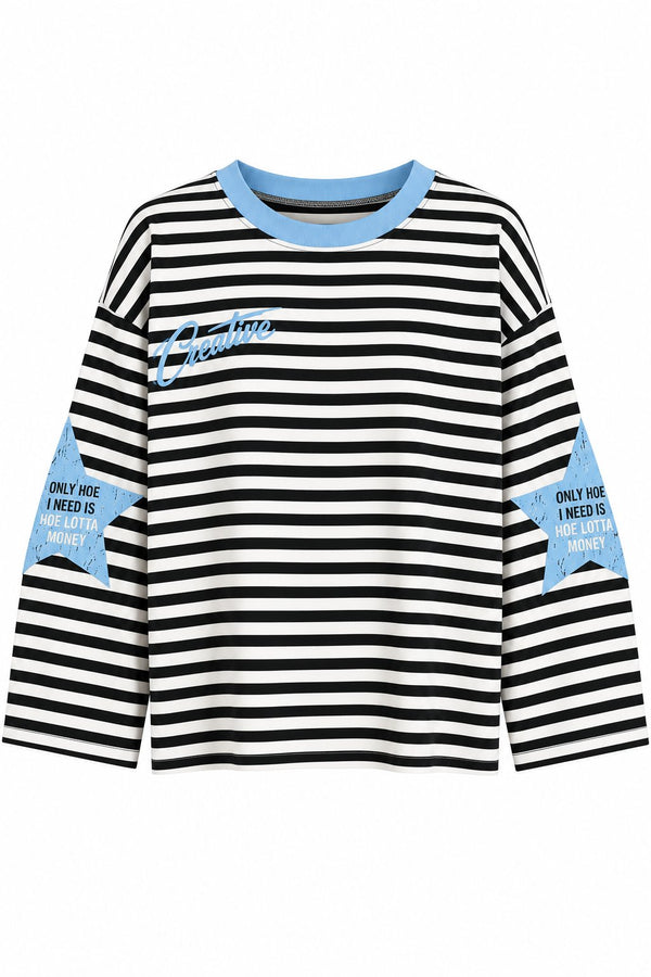 Mavi Yaka Creative Baskılı Çizgili Tshirt - 1127