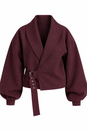 Bordo Kendinden Kemerli Crop Ceket - 5169