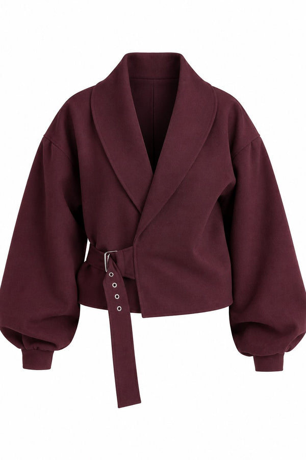Bordo Kendinden Kemerli Crop Ceket - 5169