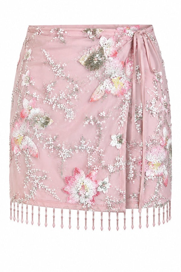 Pembe Çiçek Payet İşlemeli İpli Yan Bağlamalı Etek - E4231