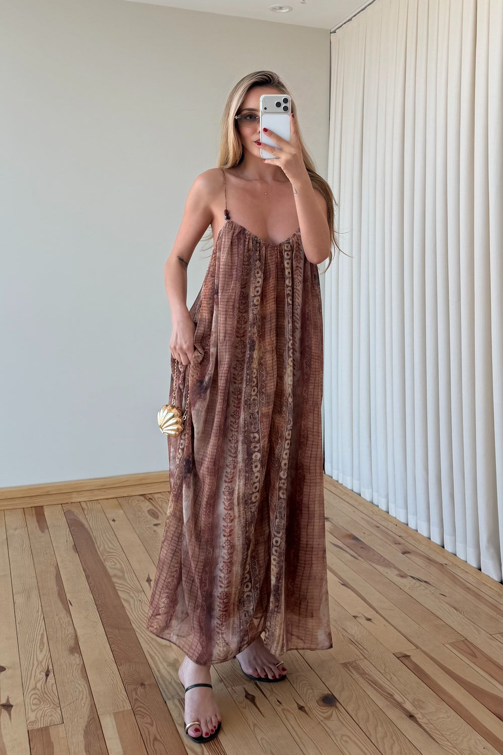 Camel Askılı Desenli Elbise - 3466