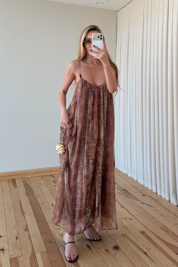 Camel Askılı Desenli Elbise - 3466