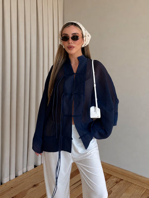 Lacivert İp Bağcıklı Transparan Kimono - 5098