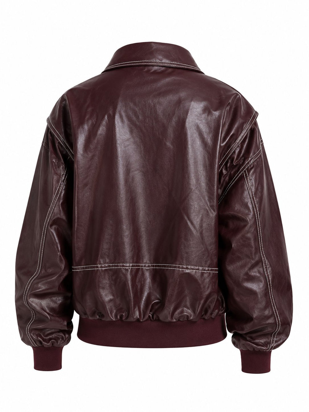 Bordo Dikiş Detaylı Deri Ceket - 1071