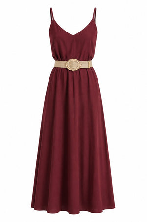 Bordo Hasır Kemerli Elbise - 2y3303