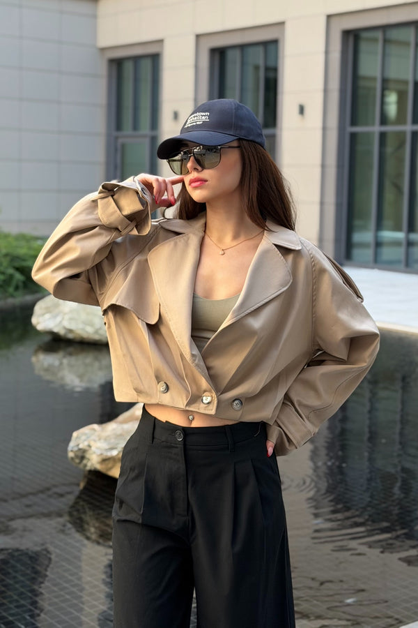Bej Pileli Crop Ceket - 4199
