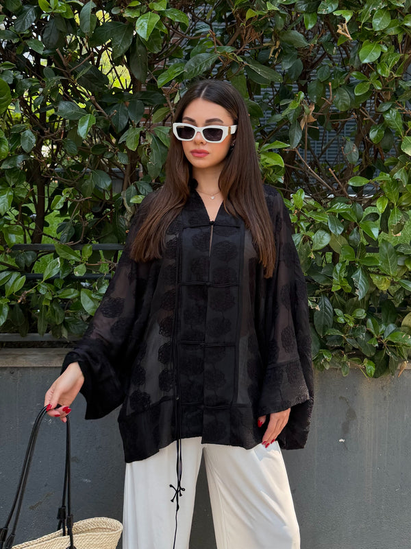 Siyah Frog Kapama Nakışlı Kimono - 5096