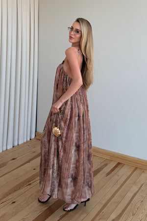 Camel Askılı Desenli Elbise - 3466