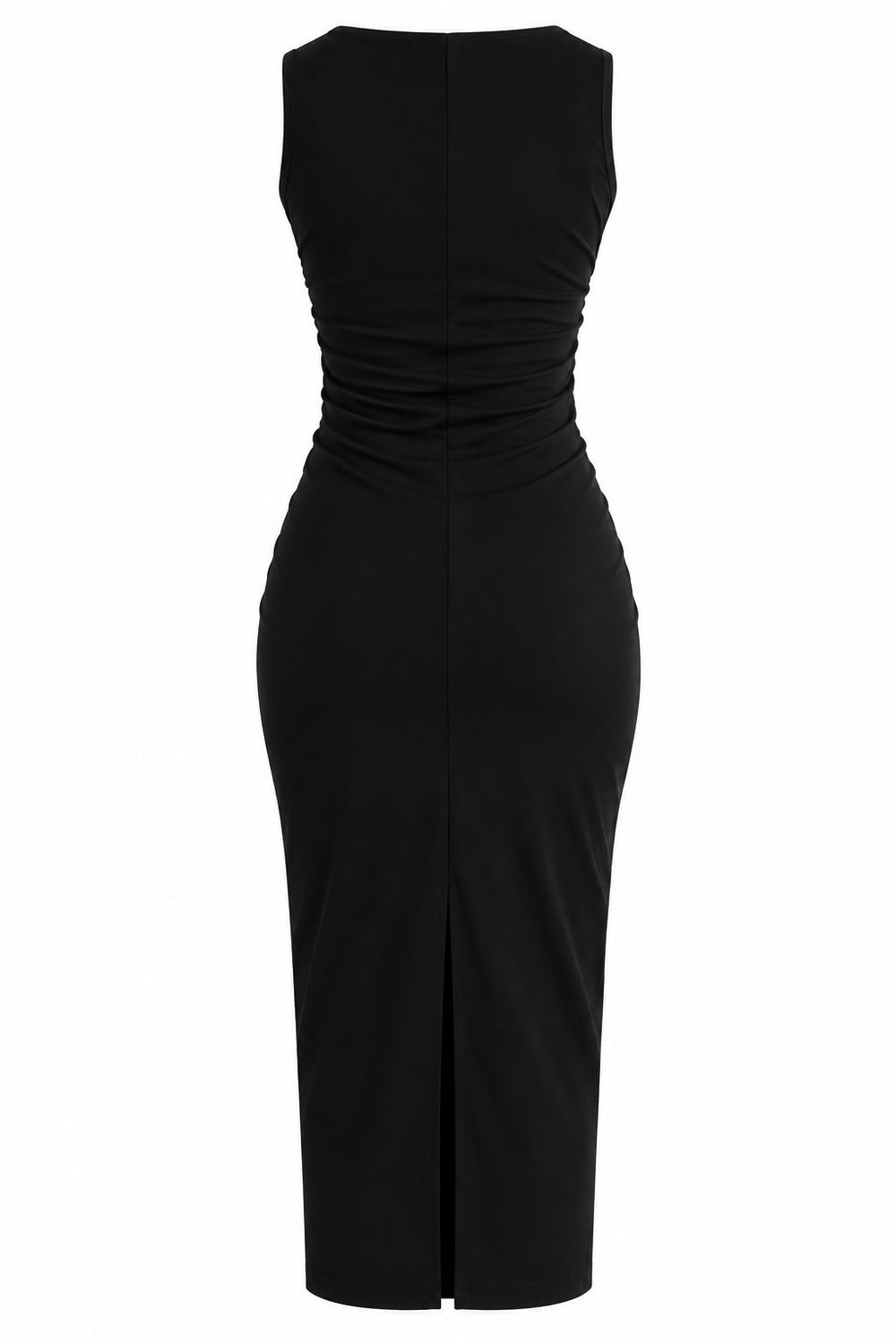 Siyah Drape Detaylı Midi Yırtmaçlı Elbise - 2y0506