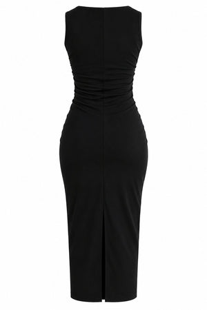 Siyah Drape Detaylı Midi Yırtmaçlı Elbise - 2y0506