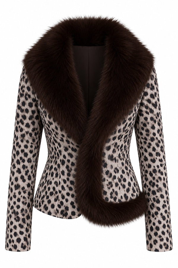 Kahverengi Kürk Yaka Leopar Desen Ceket - 8781