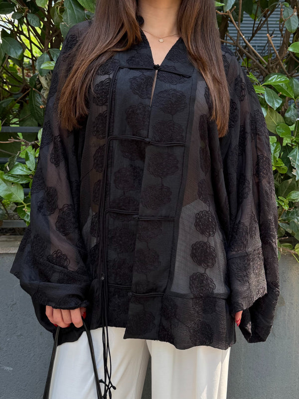 Siyah Frog Kapama Nakışlı Kimono - 5096