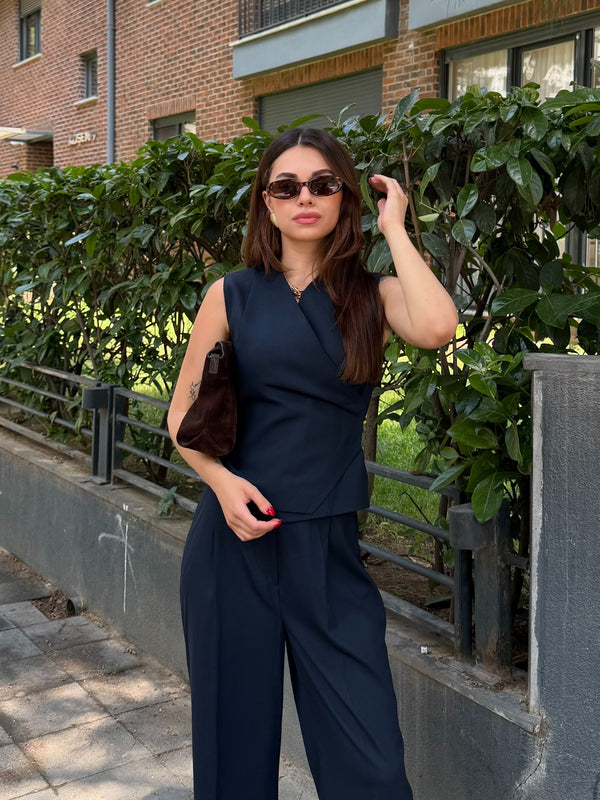 Lacivert Donna Kruvaze Yelek Pantolon Takım - 8496
