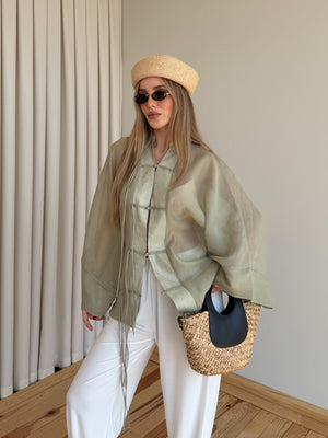 Adaçayı İp Bağcıklı Transparan Kimono - 5098