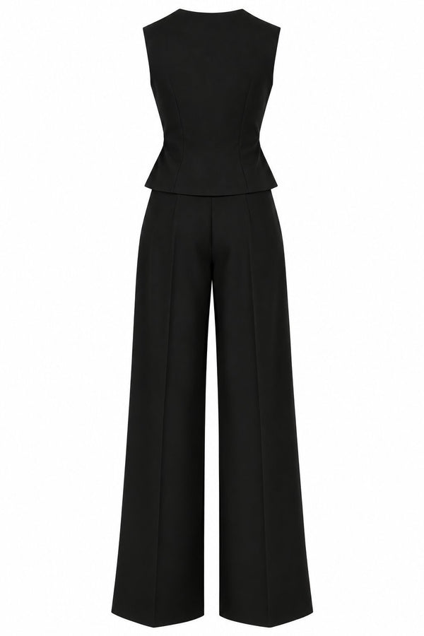 Siyah Donna Kruvaze Yaka Yelek Pantolon Takım - 3y8496