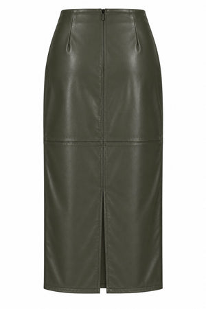Haki Yırtmaçlı Maxi Deri Etek - 0029