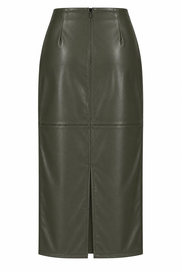 Haki Yırtmaçlı Maxi Deri Etek - 0029