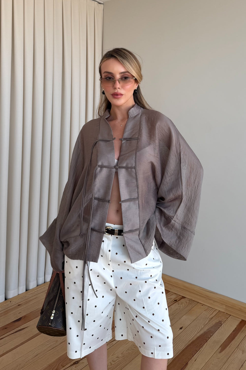 Bronz İp Bağcıklı Transparan Kimono - 5098