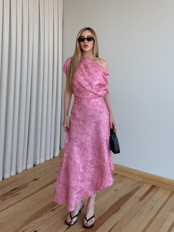 Pembe Tek Omuz Asimetrik Çiçekli Elbise - 205385