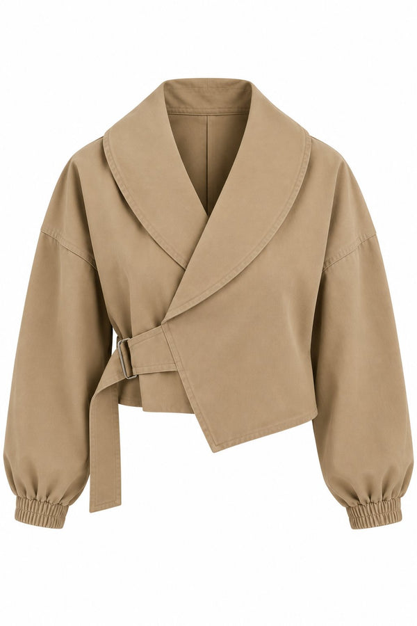 Bej Şal Yaka Kemerli Crop Ceket - 4177