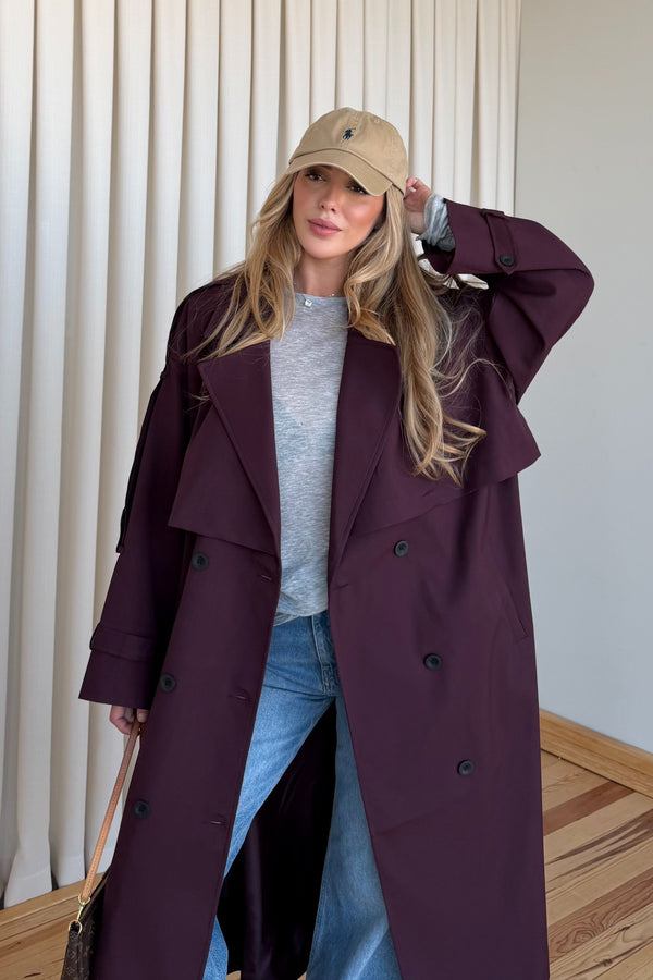 Mürdüm Lucky Düğme Detaylı Oversize Trençkot | LALUVIA