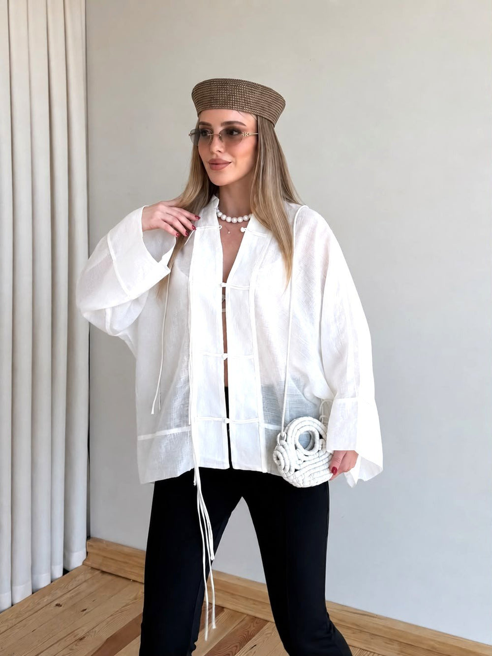 Beyaz İp Bağcıklı Transparan Kimono - 5098