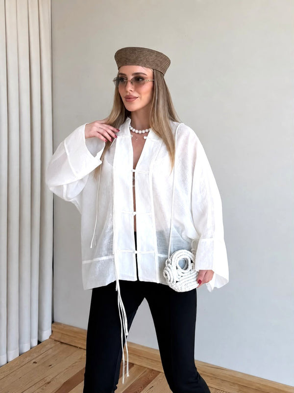 Beyaz İp Bağcıklı Transparan Kimono - 5098