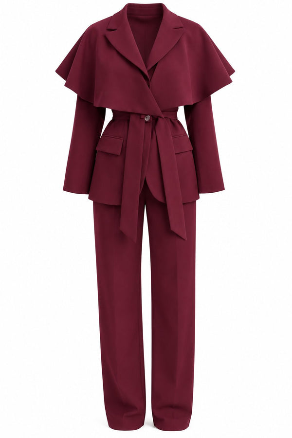 Bordo Pelerinli Kuşaklı Düğmeli Ceket Pantolon Takım - 2y8325