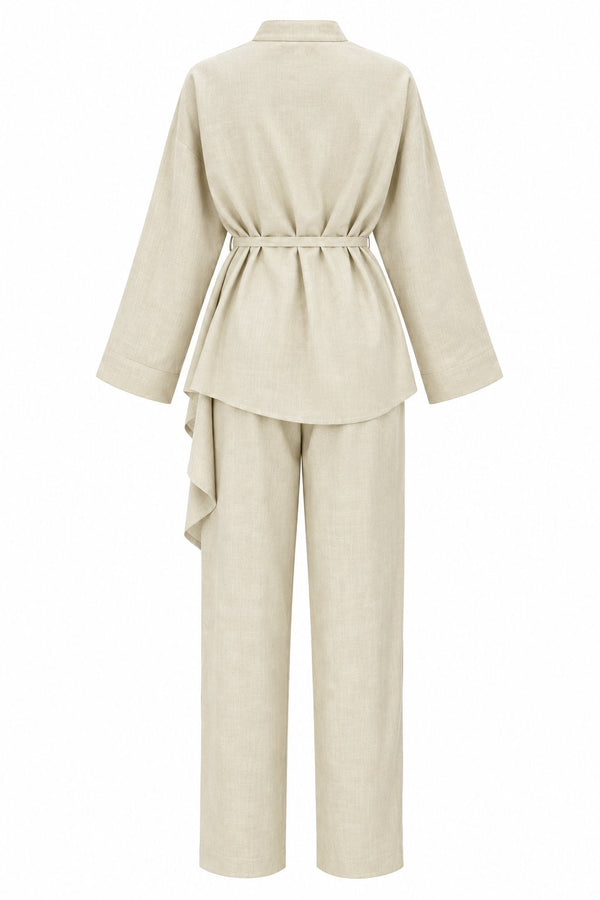 Sarı Volanlı İnce Kemerli Kimono Takım - 8739