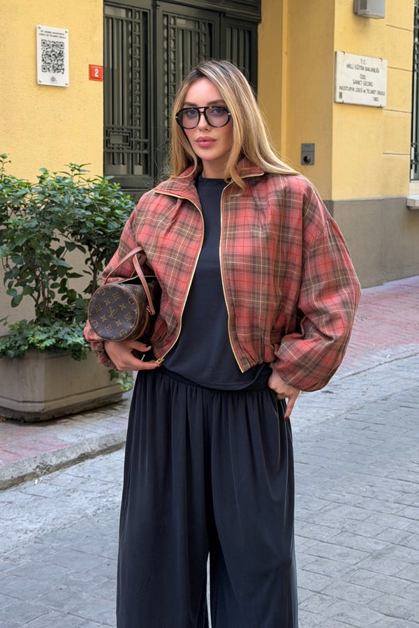 Kiremit Ekoseli Bomber Ceket - 9784