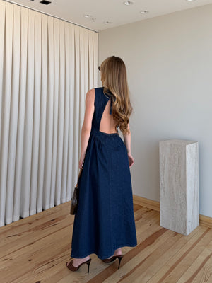 Lacivert Sırt Dekolteli Uzun Denim Elbise - 261026