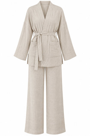 Natural %100 Pamuk Cepli Kuşaklı Kimono Takım - 2y8491