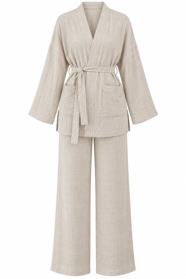 Natural %100 Pamuk Cepli Kuşaklı Kimono Takım - 2y8491