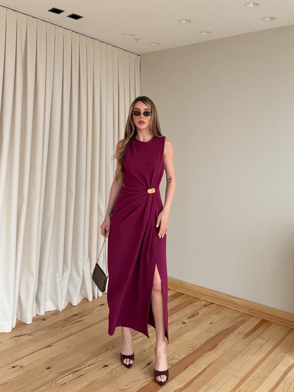 Bordo Gold Tokalı Uzun Elbise - 8191