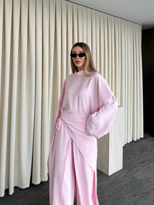 Pembe Bağlama Aksesuarlı Kimono Takım- 8428