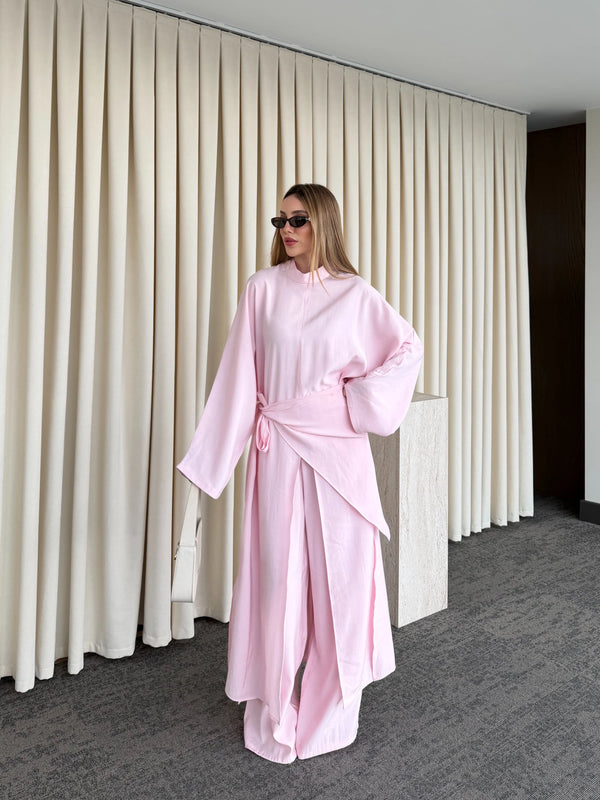 Pembe Bağlama Aksesuarlı Kimono Takım- 8428