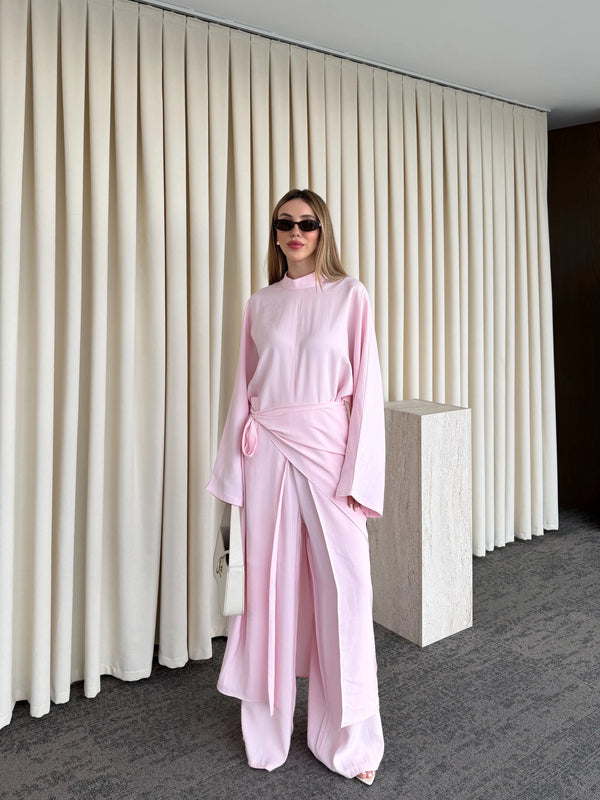 Pembe Bağlama Aksesuarlı Kimono Takım- 8428