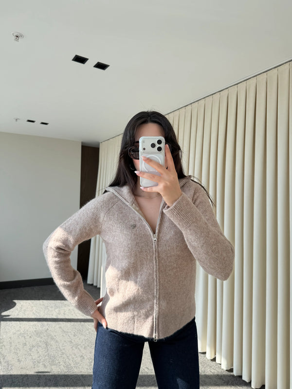 Bej Balıkçı Yaka Çift Fermuarlı Hırka - 251108