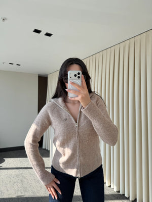 Bej Balıkçı Yaka Çift Fermuarlı Hırka - 251108