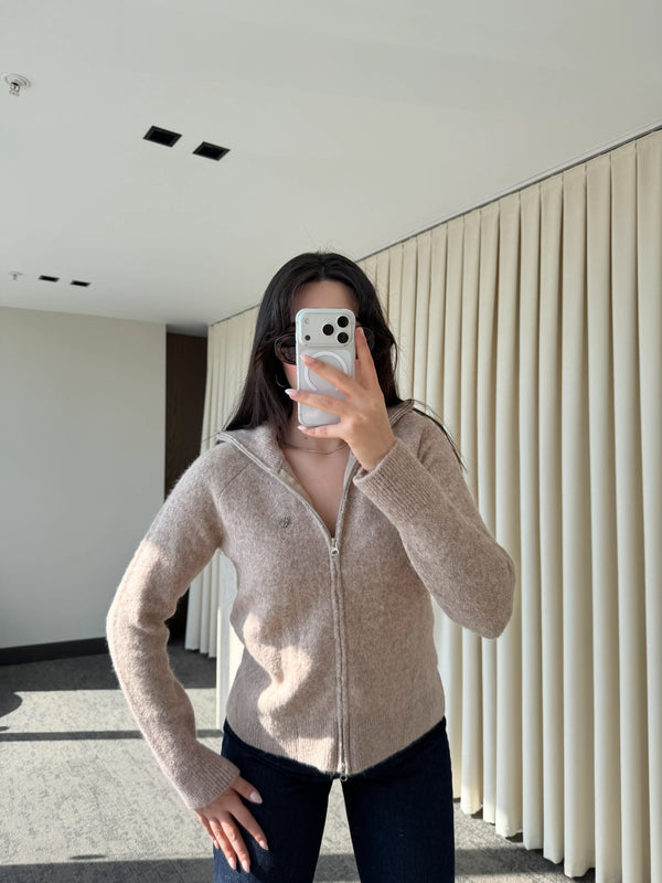 Bej Balıkçı Yaka Çift Fermuarlı Hırka - 251108