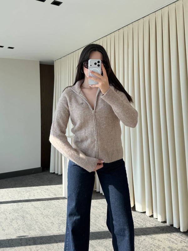 Bej Balıkçı Yaka Çift Fermuarlı Hırka - 251108