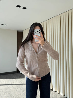 Bej Balıkçı Yaka Çift Fermuarlı Hırka - 251108