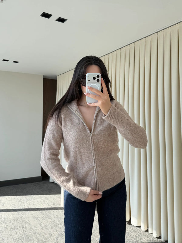 Bej Balıkçı Yaka Çift Fermuarlı Hırka - 251108