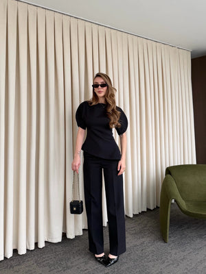 Siyah Balon Kol Asimetrik Bluz Pantolon Takım - 25194