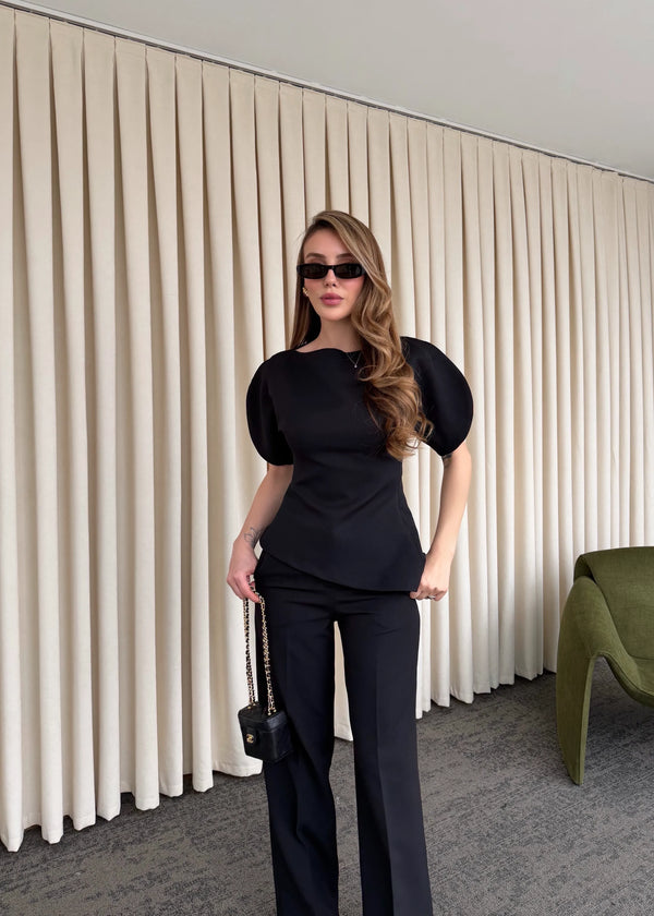 Siyah Balon Kol Asimetrik Bluz Pantolon Takım - 25194