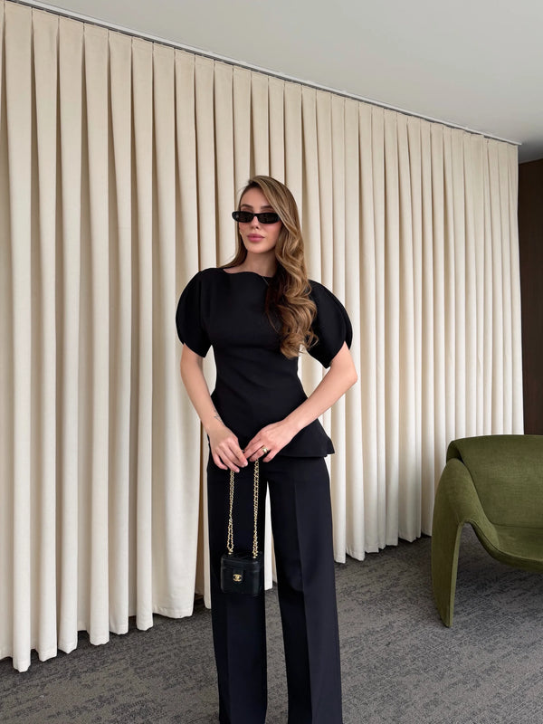 Siyah Balon Kol Asimetrik Bluz Pantolon Takım - 25194