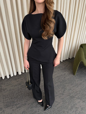 Siyah Balon Kol Asimetrik Bluz Pantolon Takım - 25194